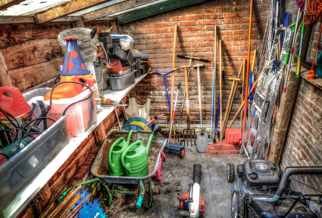 shed, garden, tools, gardening, wheelbarrow, watering, can, pitch fork, nature, spade, lawnmower, leaf blower, brick, shelves, garden tools, gardening tools, spring, shovel, equipment, brown garden, brown leaf, brown gardening, brown tools